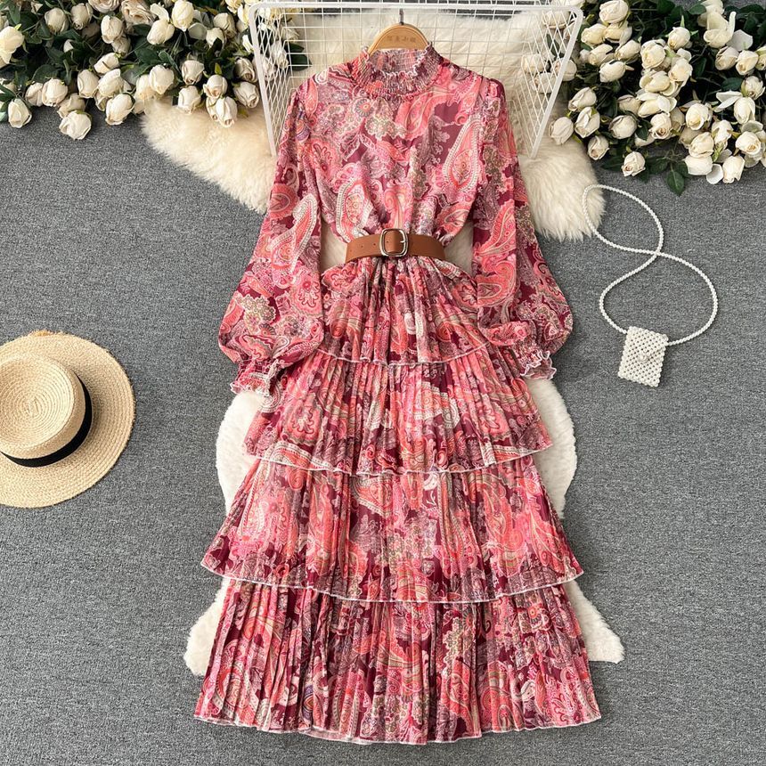 Long-Sleeve Print Layered Maxi A-Line Dress