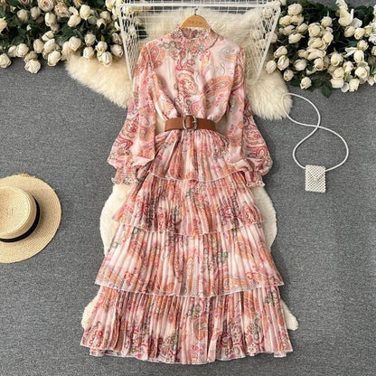 Long-Sleeve Print Layered Maxi A-Line Dress