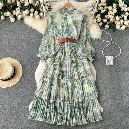 Long-Sleeve Print Layered Maxi A-Line Dress