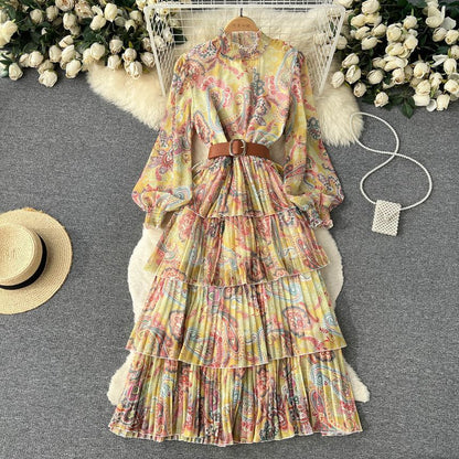 Long-Sleeve Print Layered Maxi A-Line Dress