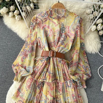 Long-Sleeve Print Layered Maxi A-Line Dress