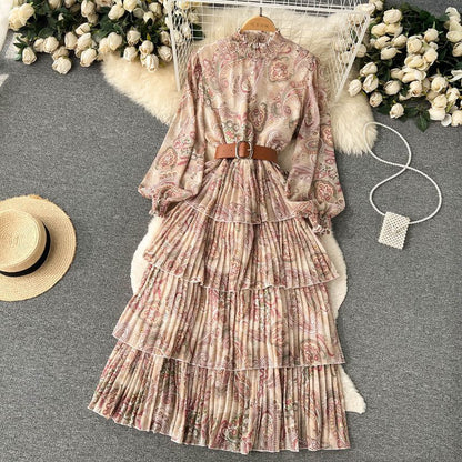 Long-Sleeve Print Layered Maxi A-Line Dress