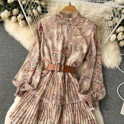 Long-Sleeve Print Layered Maxi A-Line Dress