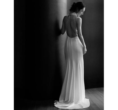 Halter Plain Open Back Sheath Wedding Gown