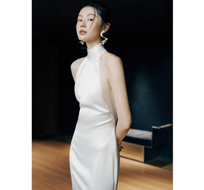 Halter Plain Open Back Sheath Wedding Gown