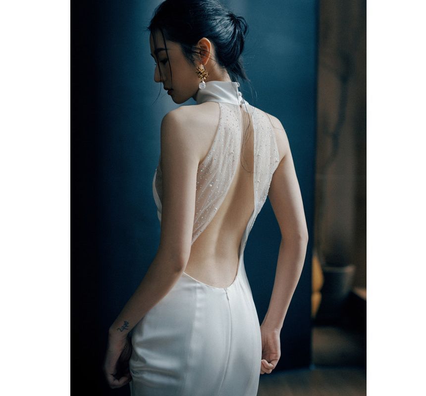 Halter Plain Open Back Sheath Wedding Gown