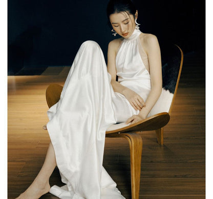 Halter Plain Open Back Sheath Wedding Gown