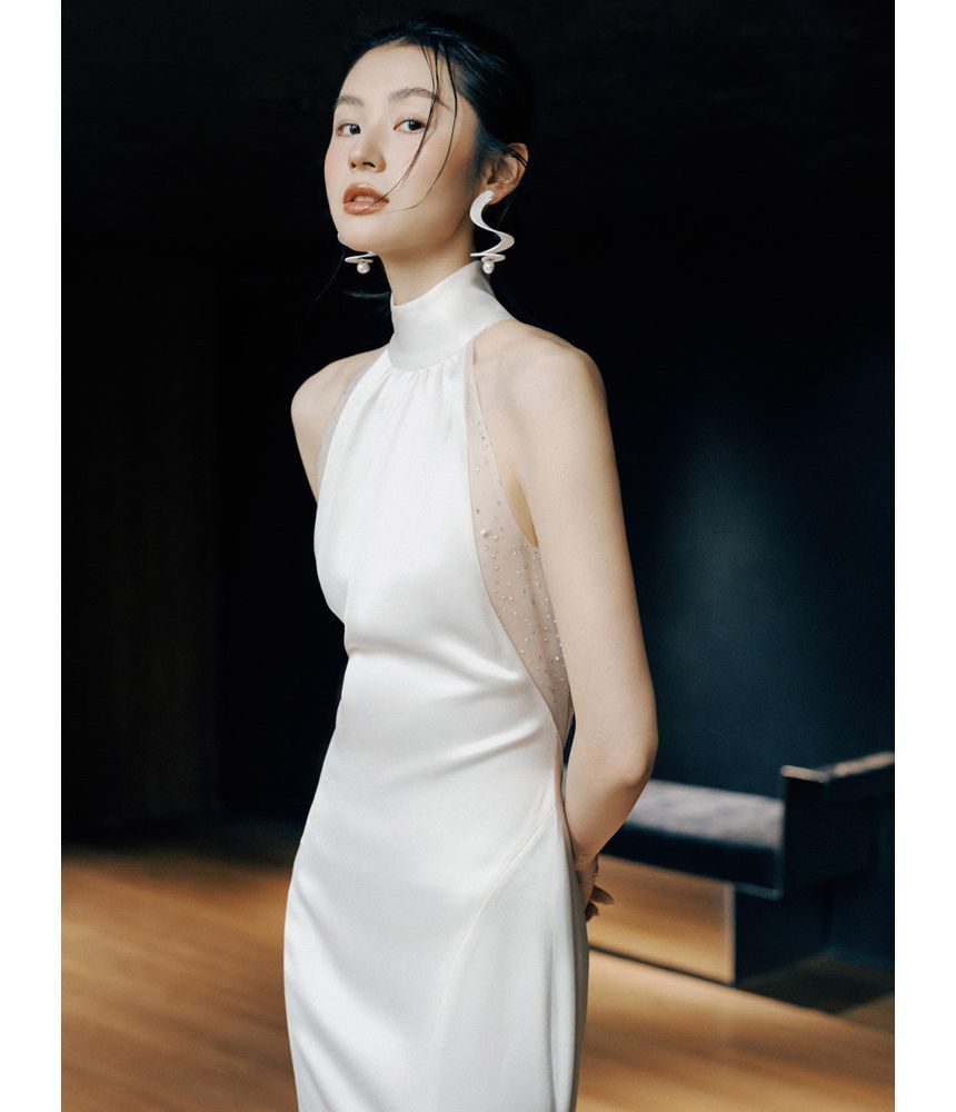 Halter Plain Open Back Sheath Wedding Gown