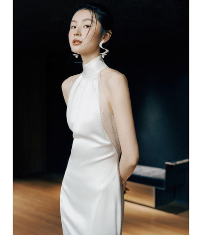 Halter Plain Open Back Sheath Wedding Gown