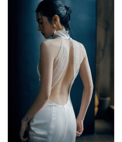 Halter Plain Open Back Sheath Wedding Gown