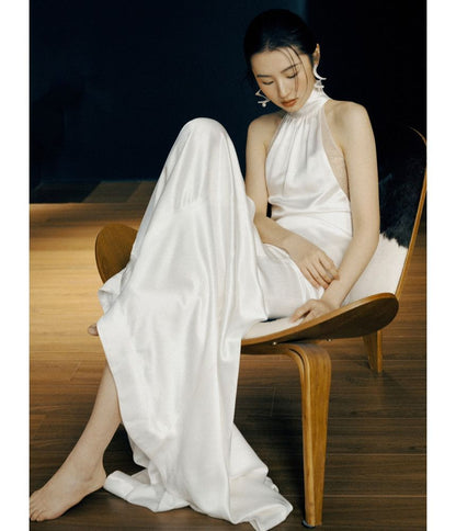 Halter Plain Open Back Sheath Wedding Gown