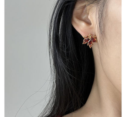 Alloy Rhinestone Earring Leaf