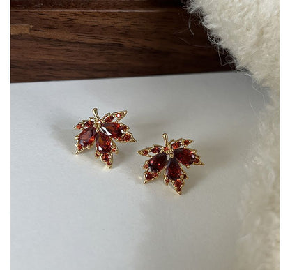 Alloy Rhinestone Earring Leaf