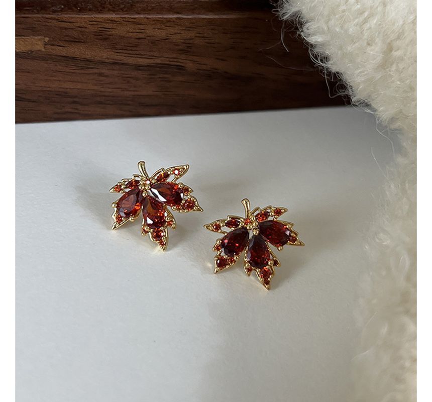 Alloy Rhinestone Earring Leaf