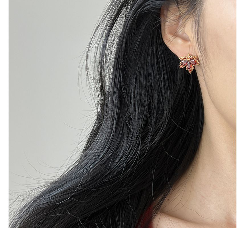 Alloy Rhinestone Earring Leaf