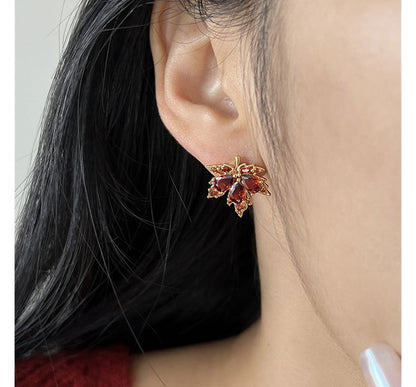 Alloy Rhinestone Earring Leaf