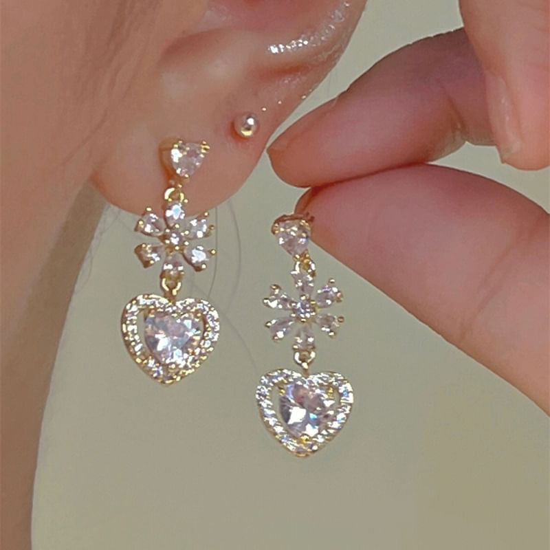 Alloy Dangle Heart Earring Rhinestone