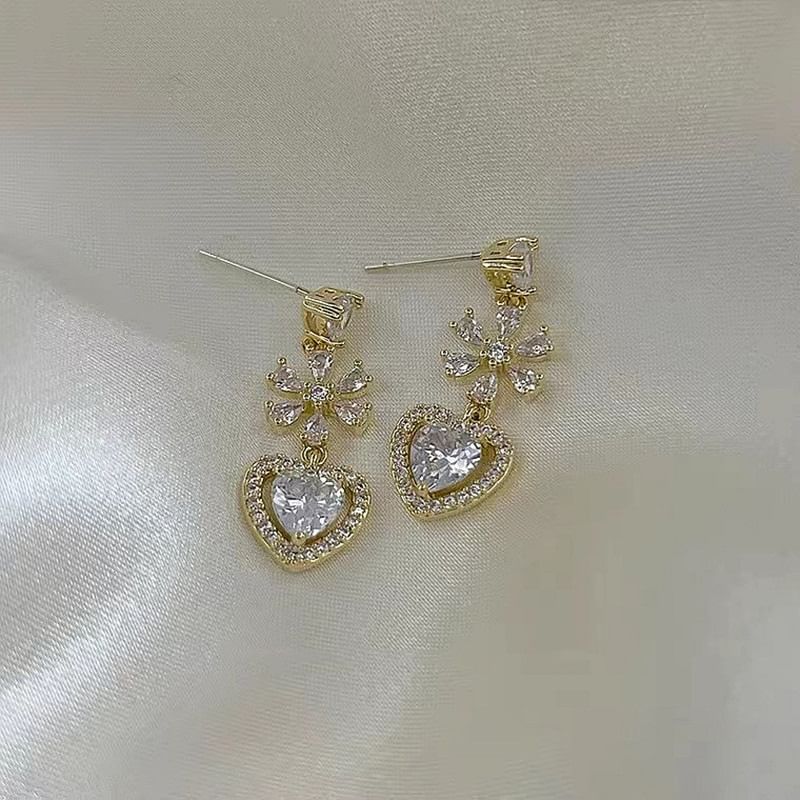 Alloy Dangle Heart Earring Rhinestone