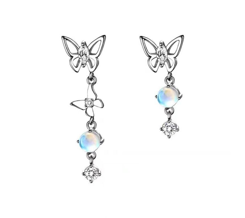 Asymmetrical Alloy Butterfly Moonstone Dangle Earring