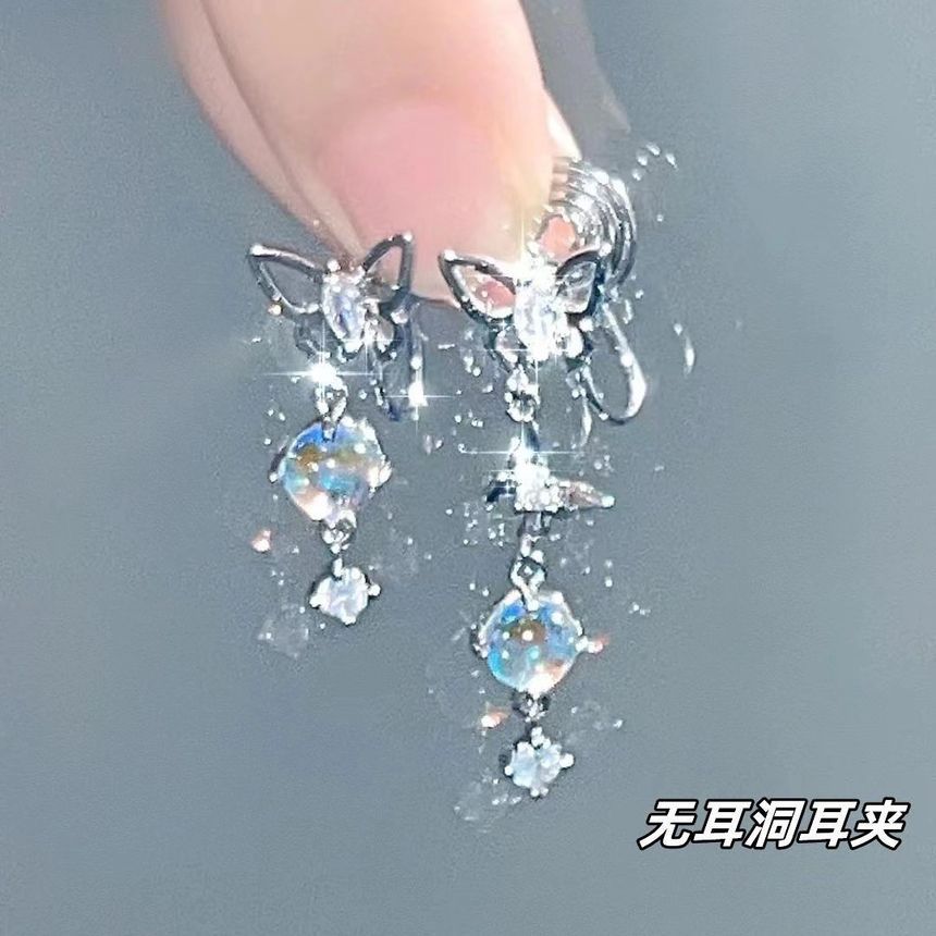 Asymmetrical Alloy Butterfly Moonstone Dangle Earring