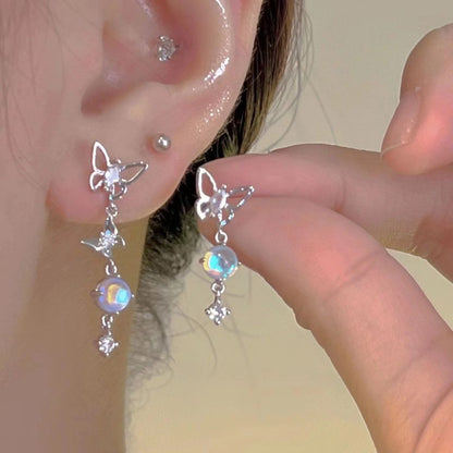 Asymmetrical Alloy Butterfly Moonstone Dangle Earring