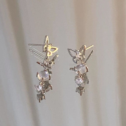 Asymmetrical Alloy Butterfly Moonstone Dangle Earring