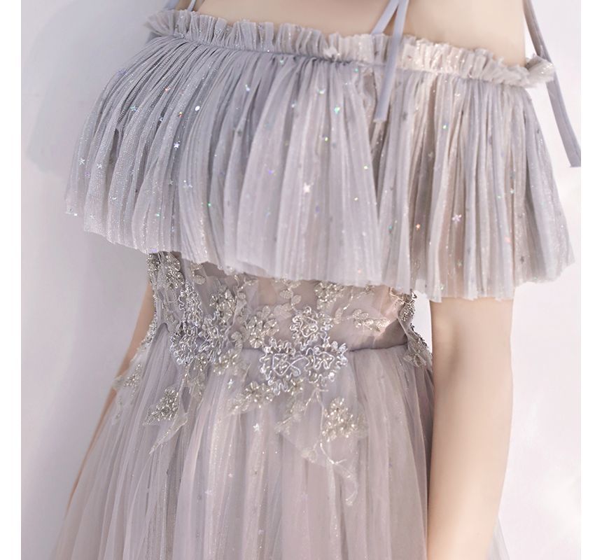 Cold-Shoulder Flower Evening A-Line Embroidered Gown Sequin