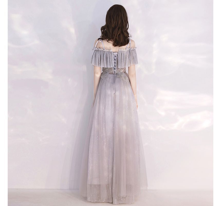 Cold-Shoulder Flower Evening A-Line Embroidered Gown Sequin