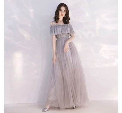 Cold-Shoulder Flower Evening A-Line Embroidered Gown Sequin