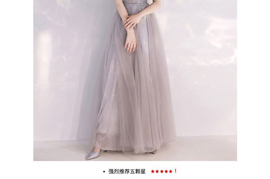 Cold-Shoulder Flower Evening A-Line Embroidered Gown Sequin