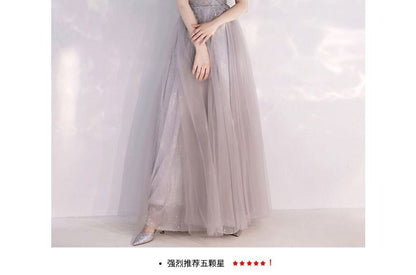 Cold-Shoulder Flower Evening A-Line Embroidered Gown Sequin