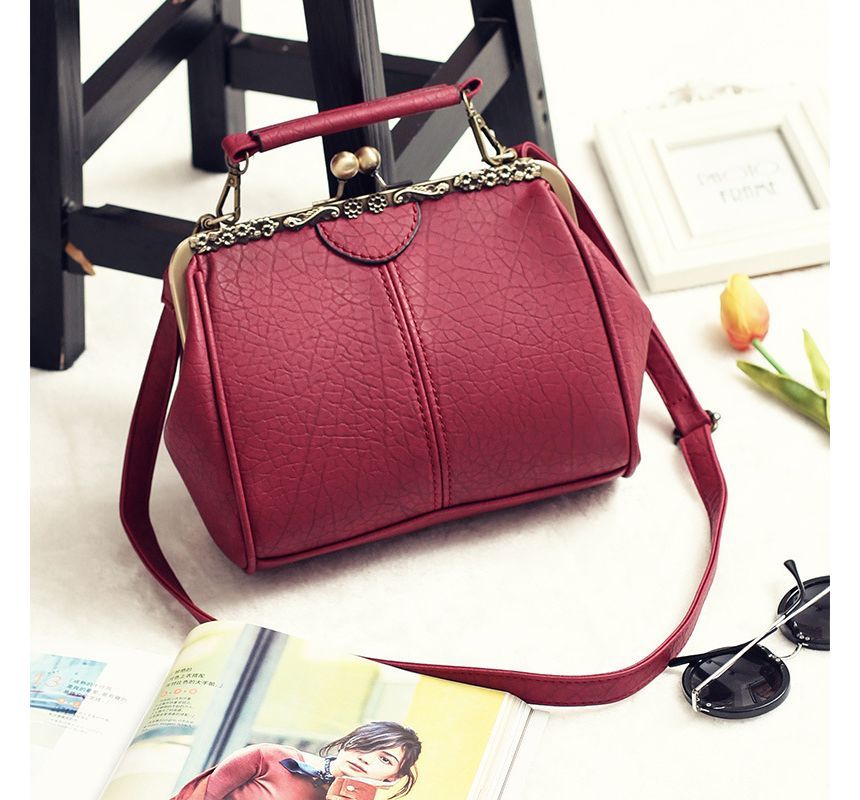 Top Handle Plain Kiss Lock Crossbody Bag
