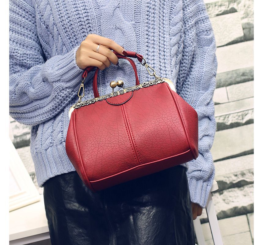 Top Handle Plain Kiss Lock Crossbody Bag