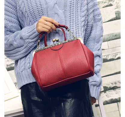 Top Handle Plain Kiss Lock Crossbody Bag