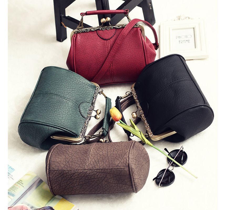 Top Handle Plain Kiss Lock Crossbody Bag