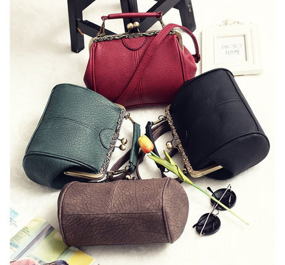Top Handle Plain Kiss Lock Crossbody Bag