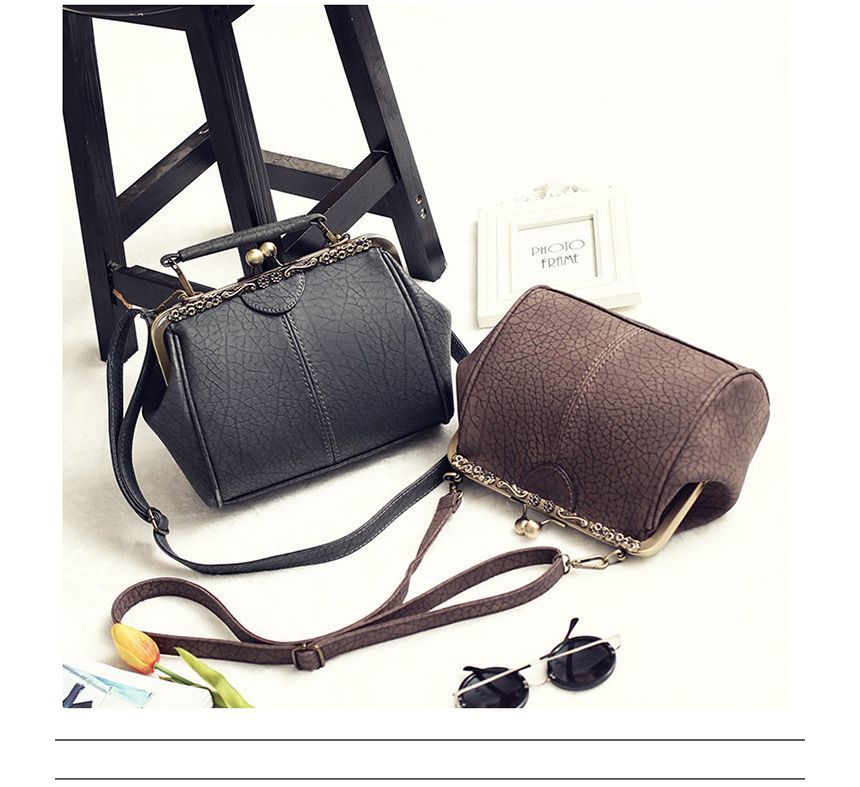 Top Handle Plain Kiss Lock Crossbody Bag