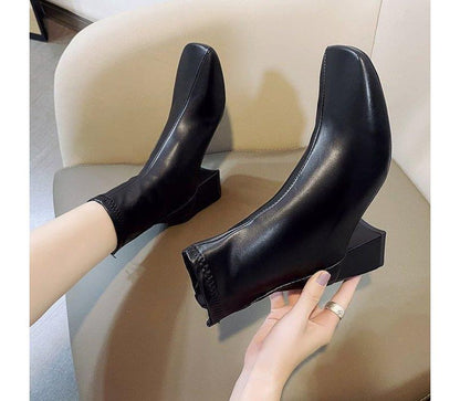Plain Chunky Heel Short Boots