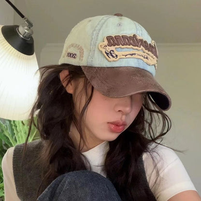 Letter Embroidered Two-Tone Denim Baseball Cap