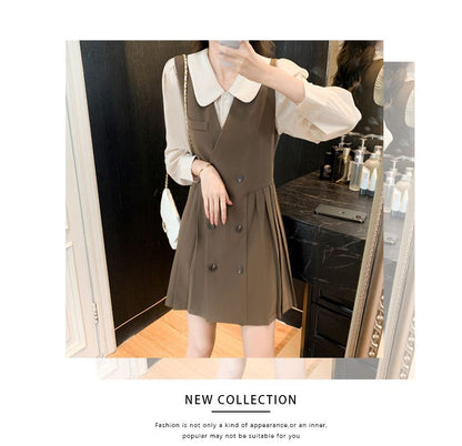 Long-Sleeve Plain Blouse / V-Neck Plain Pleated Double-Breasted A-Line Dungaree Dress