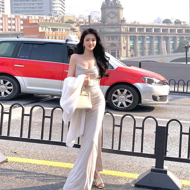 Neck Spaghetti Strap Mermaid Cowl Evening Gown Plain