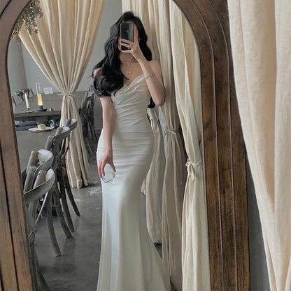 Neck Spaghetti Strap Mermaid Cowl Evening Gown Plain