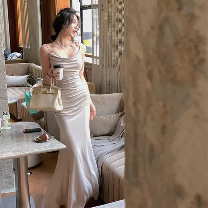 Neck Spaghetti Strap Mermaid Cowl Evening Gown Plain