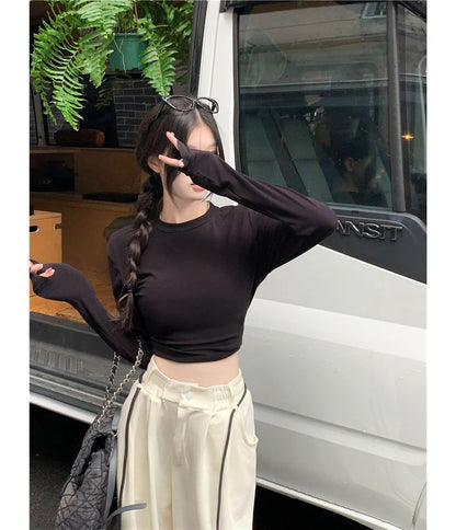 Long-Sleeve Round Neck Plain Cutout Crop Tee / Drawstring Waist Striped Wide Leg Sweatpants