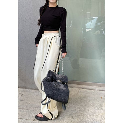 Long-Sleeve Round Neck Plain Cutout Crop Tee / Drawstring Waist Striped Wide Leg Sweatpants