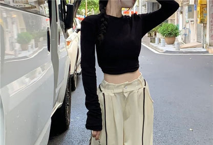 Long-Sleeve Round Neck Plain Cutout Crop Tee / Drawstring Waist Striped Wide Leg Sweatpants
