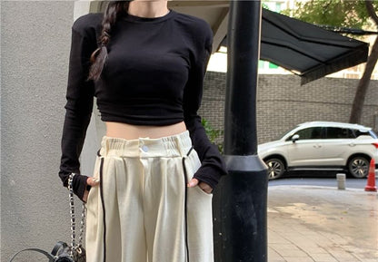 Long-Sleeve Round Neck Plain Cutout Crop Tee / Drawstring Waist Striped Wide Leg Sweatpants