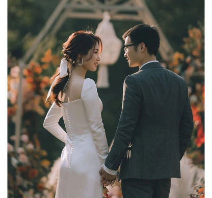 Neck Square Wedding Plain A-Line Gown Long-Sleeve