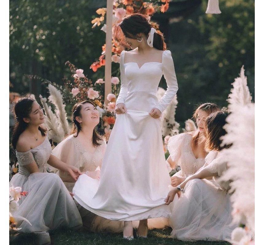 Neck Square Wedding Plain A-Line Gown Long-Sleeve