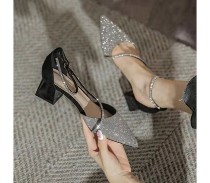 Heel Sandals Pointy Block Rhinestone